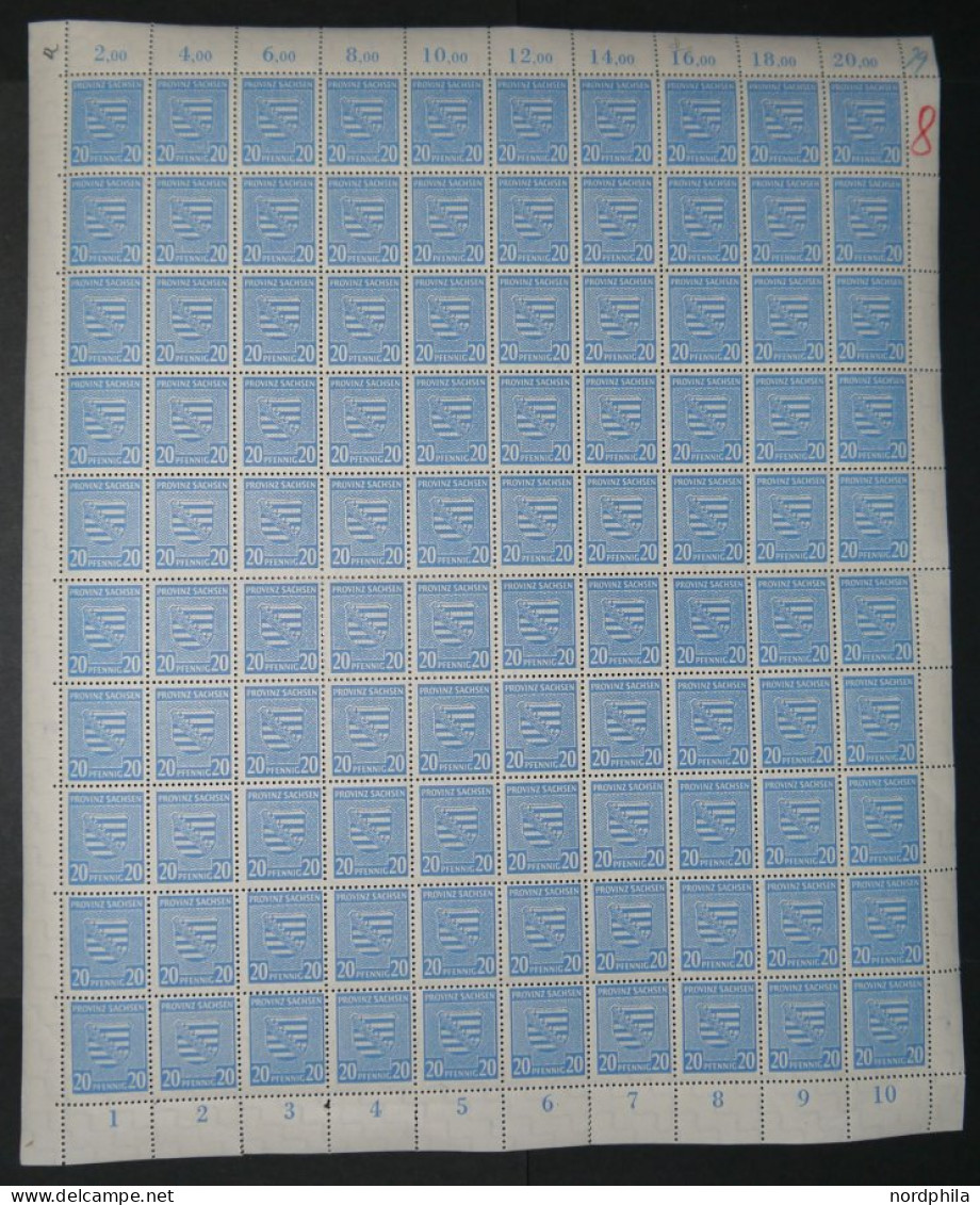 PROVINZ SACHSEN 81Y , 1945, 20 Pf. Hellblau, Wz. 1Y, Im Bogen (100), Dabei Die Abarten: 81YI, 81YII Und 81YIII, Pracht,  - Autres & Non Classés