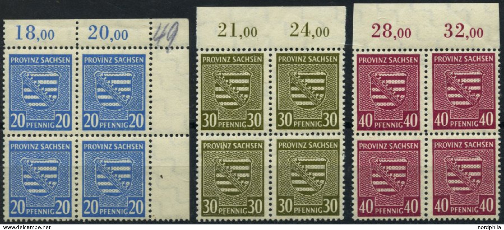 PROVINZ SACHSEN 81,83/4Y VB , 1945, 20 Pf. Hellblau, 30 Pf. Oliv Und 40 Pf. Dunkelpurpur, Wz. 1Y, Je Im Viererblock Vom  - Other & Unclassified