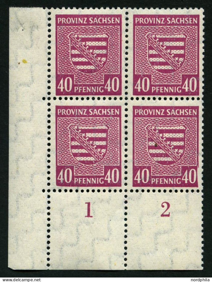 PROVINZ SACHSEN 84Xa VB , 1945, 40 Pf. Dunkellilarosa, Wz. 1X, Im Unteren Linken Eckrandviererblock, Dabei Plattenfehler - Other & Unclassified