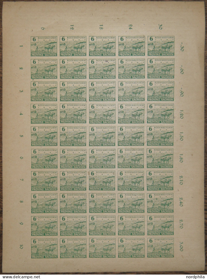 PROVINZ SACHSEN 85xa , 1945, 6 Pf. Grün, Flach Steigende Papierstreifung, Im Vollständigen Bogen (50), Dabei Feld 40 Mit - Other & Unclassified