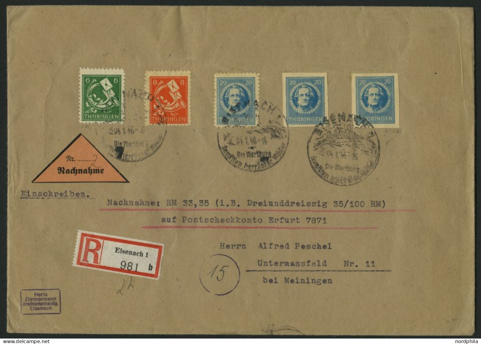 THÜRINGEN 95/6,98A/B BRIEF, 1945, 6 Pf., 8 Pf. Und 20 Pf. Gezähnt Und Ungezähnt Auf Portogerechtem Nachnahme-Einschreibb - Sonstige & Ohne Zuordnung