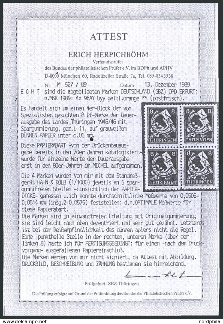 THÜRINGEN 96AYyy , 1945, 8 Pf. Rotorange, Spargummi, Dünnes Papier, Attestkopie Herpichböhm, Mi. 100.- - Other & Unclassified