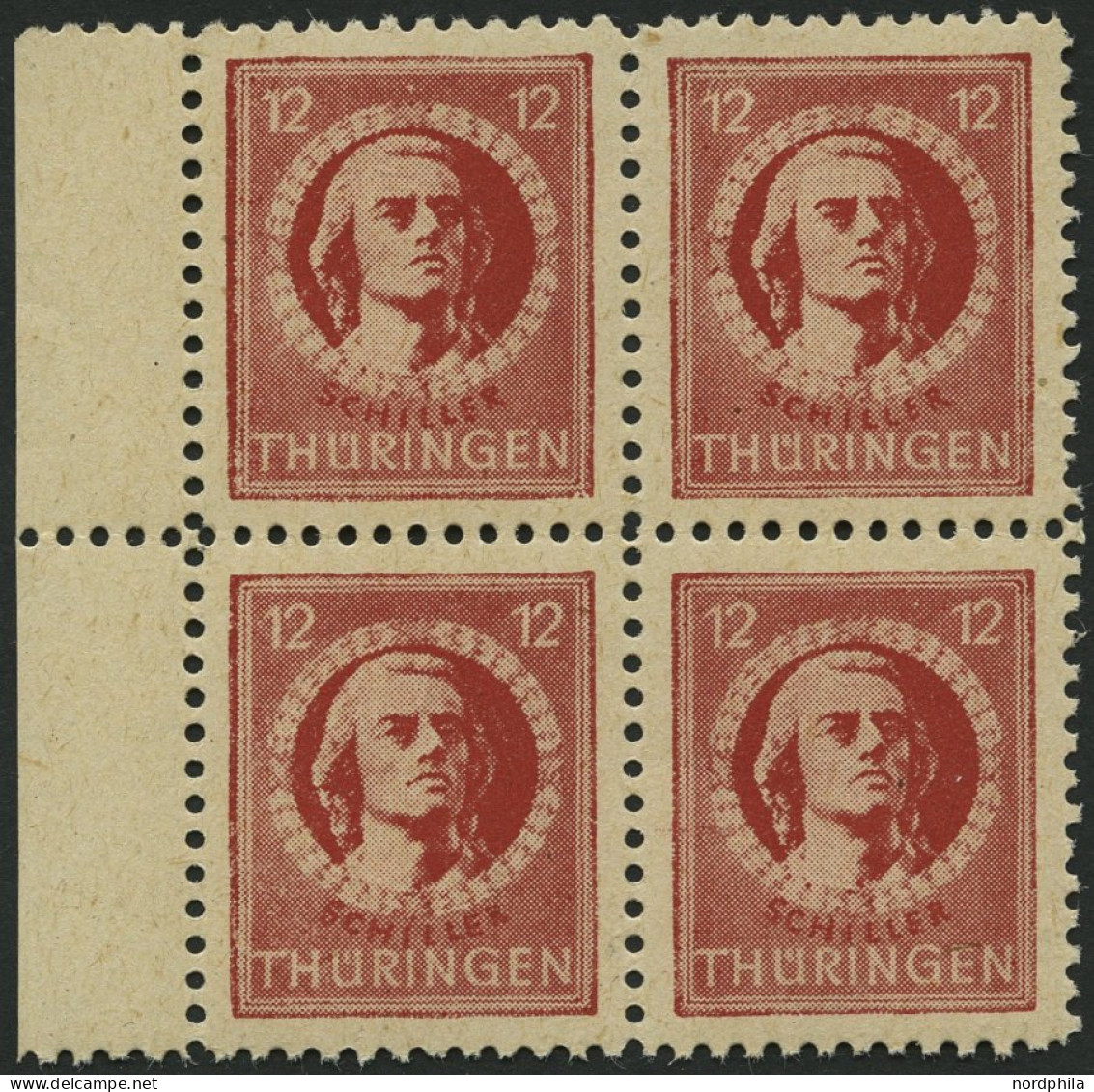 THÜRINGEN 97AXbt VB , 1945, 12 Pf. Dunkelbräunlichrot, Gelblichgraues Papier, Im Randviererblock, Pracht, Gepr. Ströh, M - Autres & Non Classés