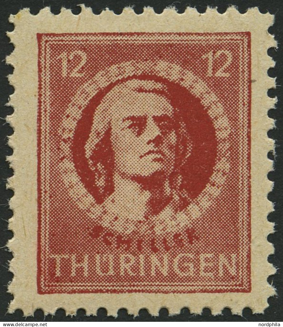 THÜRINGEN 97bt , 1945, 12 Pf. Dunkelbräunlichrot, Gelblichgraues Papier, Pracht, Gepr. Ströh, Mi. 150.- - Autres & Non Classés