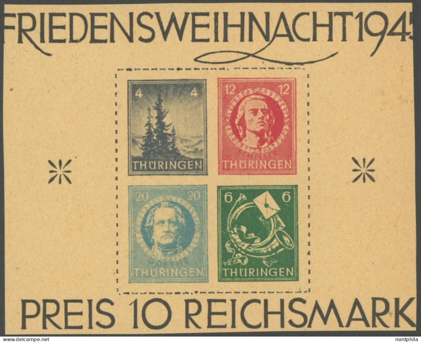 THÜRINGEN 103-06t , 1945, Herzstück Block Weihnachten, Gelblichgraues Papier, Postfrisch, Pracht - Otros & Sin Clasificación