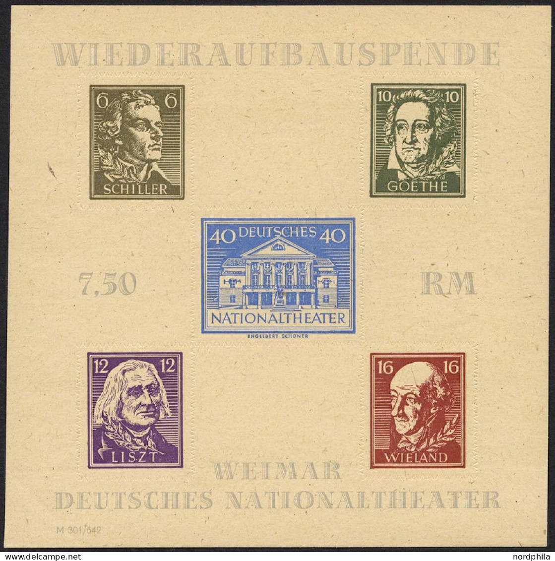 THÜRINGEN Bl. 3Bbya , 1946, Block Nationaltheater, Durchstochen, Mi.Nr. 107 In Bräunlicholiv, Falzrest, Feinst (kleine R - Otros & Sin Clasificación