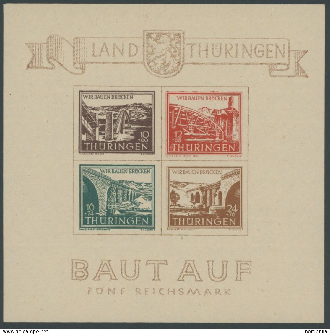 THÜRINGEN Bl. 4a , 1946, Brückenblock, Type II, Postfrisch, Pracht, Mi. 450.- - Otros & Sin Clasificación