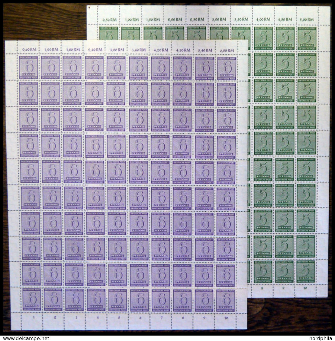 WEST-SACHSEN 128/9Y , 1945, 5 Und 6 Pf. Ziffer, Wz. 1Y, Je Im Vollständigen Bogen (100), Postfrisch, Pracht - Autres & Non Classés