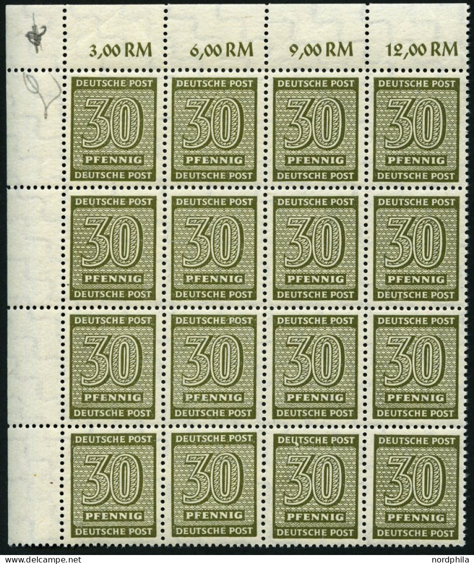 WEST-SACHSEN 135YI , 1945, 30 Pf. Bräunlicholiv, Wz. 1Y, Im 16er-Block, Dabei Feld 33 Mit Abart Weißer Fleck Unten Am U  - Sonstige & Ohne Zuordnung