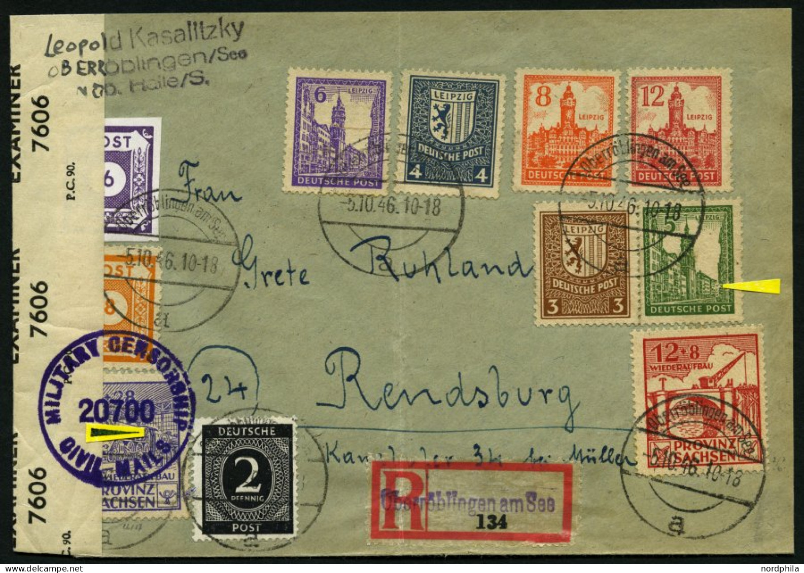 WEST-SACHSEN 158II BRIEF, 1946, 5 Pf. Schwärzlicholivgrün Mit Abart Bruch Im Rechten Gebäude Mit Zusatzfrankatur Auf Por - Other & Unclassified