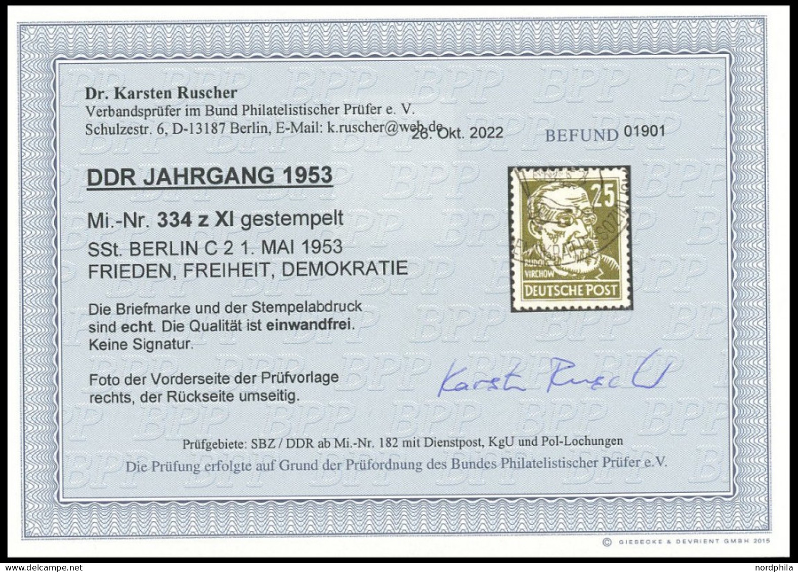 DDR 334zXI O, 1952, 25 Pf. Grauoliv Virchow, Wz. 2XI, Sonderstempel BERLIN C2, Pracht, Fotobefund Dr. Ruscher, Mi. 450.- - Other & Unclassified