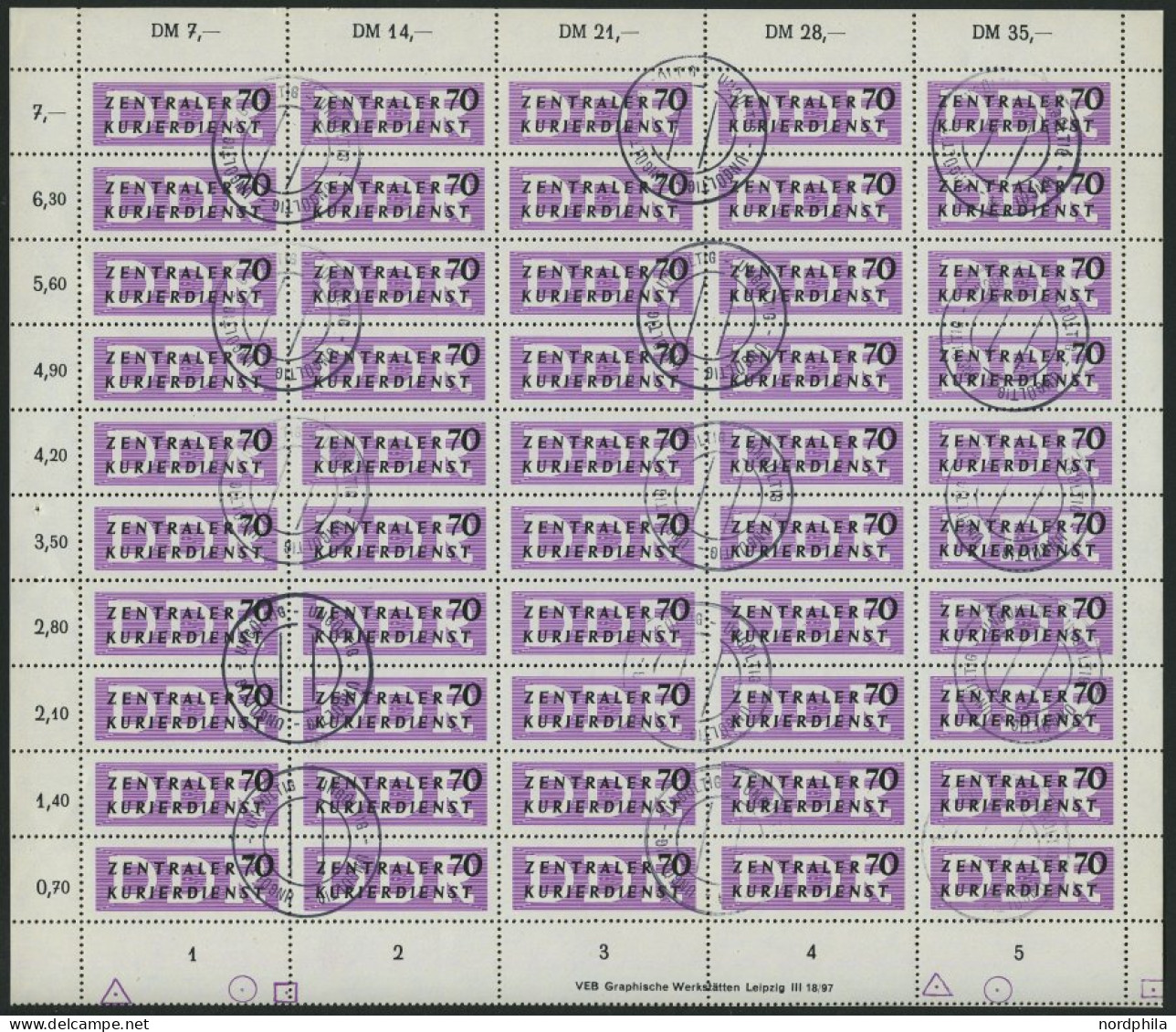 DIENSTMARKEN B D 9L O, 1956, 70 Pf. ZKD Im Vollständigen Bogen (50) Mit Druckvermerk Und Abart 9I, Stempel Ungültig, Unt - Other & Unclassified