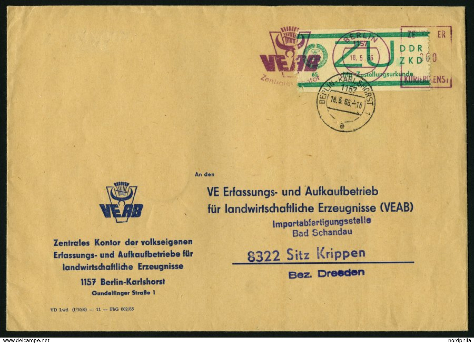 DIENSTMARKEN E E 1 BRIEF, 1965, 65 Pf. Bläulichgrün Auf Brief Aus BERLIN-KARLSHORST, Feinst (Marke Kleiner Einriß)), Mi. - Autres & Non Classés
