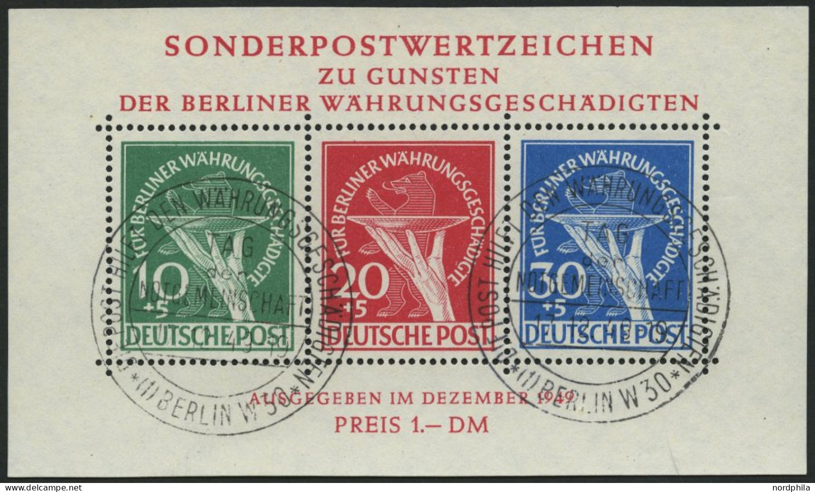 BERLIN Bl. 1II O, 1949, Block Währungsgeschädigte, Beide Abarten, Ersttagssonderstempel, Pracht, Gepr. Schlegel, Mi. (35 - Blocks & Kleinbögen