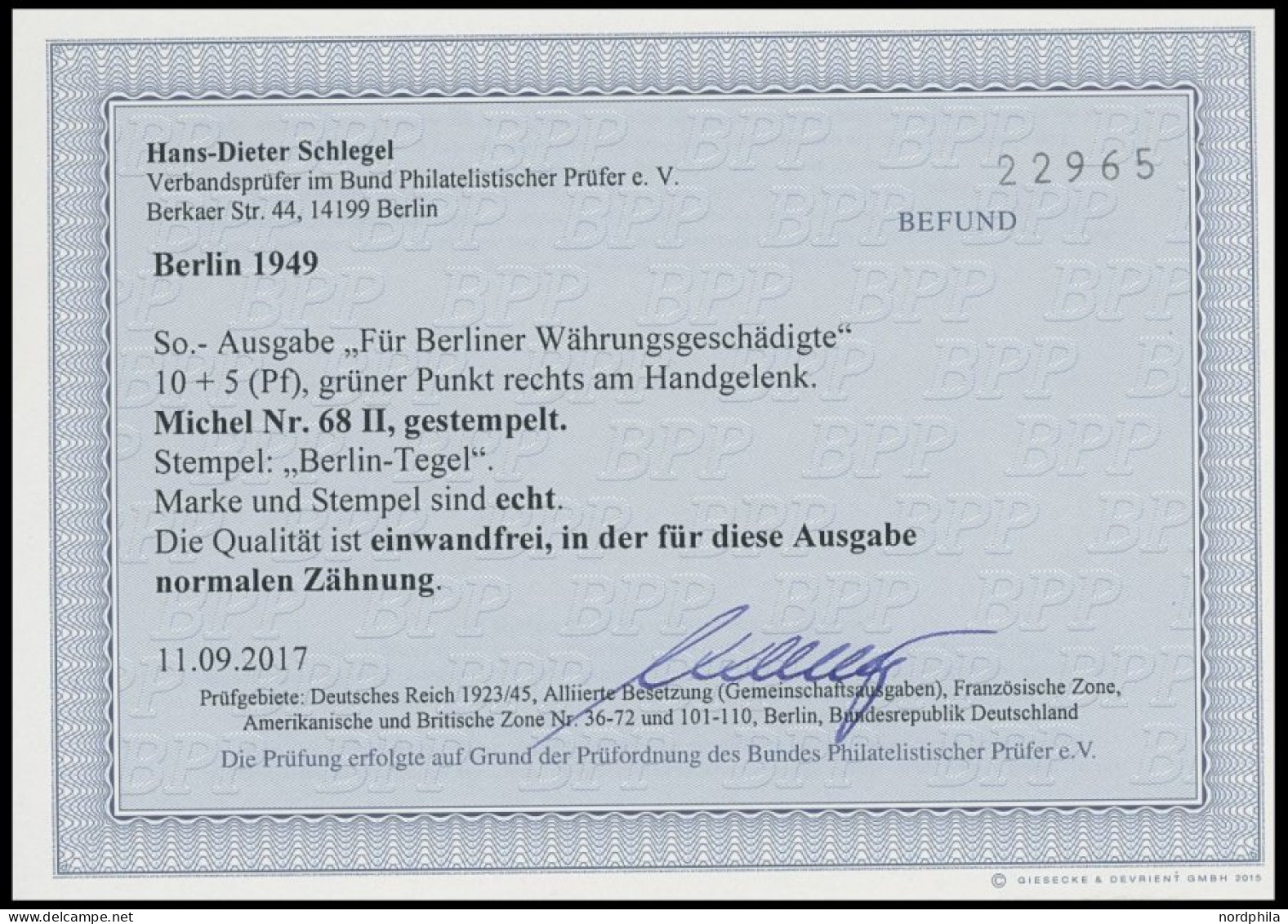 BERLIN 68II O, 1949, 10 Pf. Währungsgeschädigte Mit Abart Grüner Punkt Rechts Am Handgelenk, Normale Zähnung, Pracht, Fo - Other & Unclassified