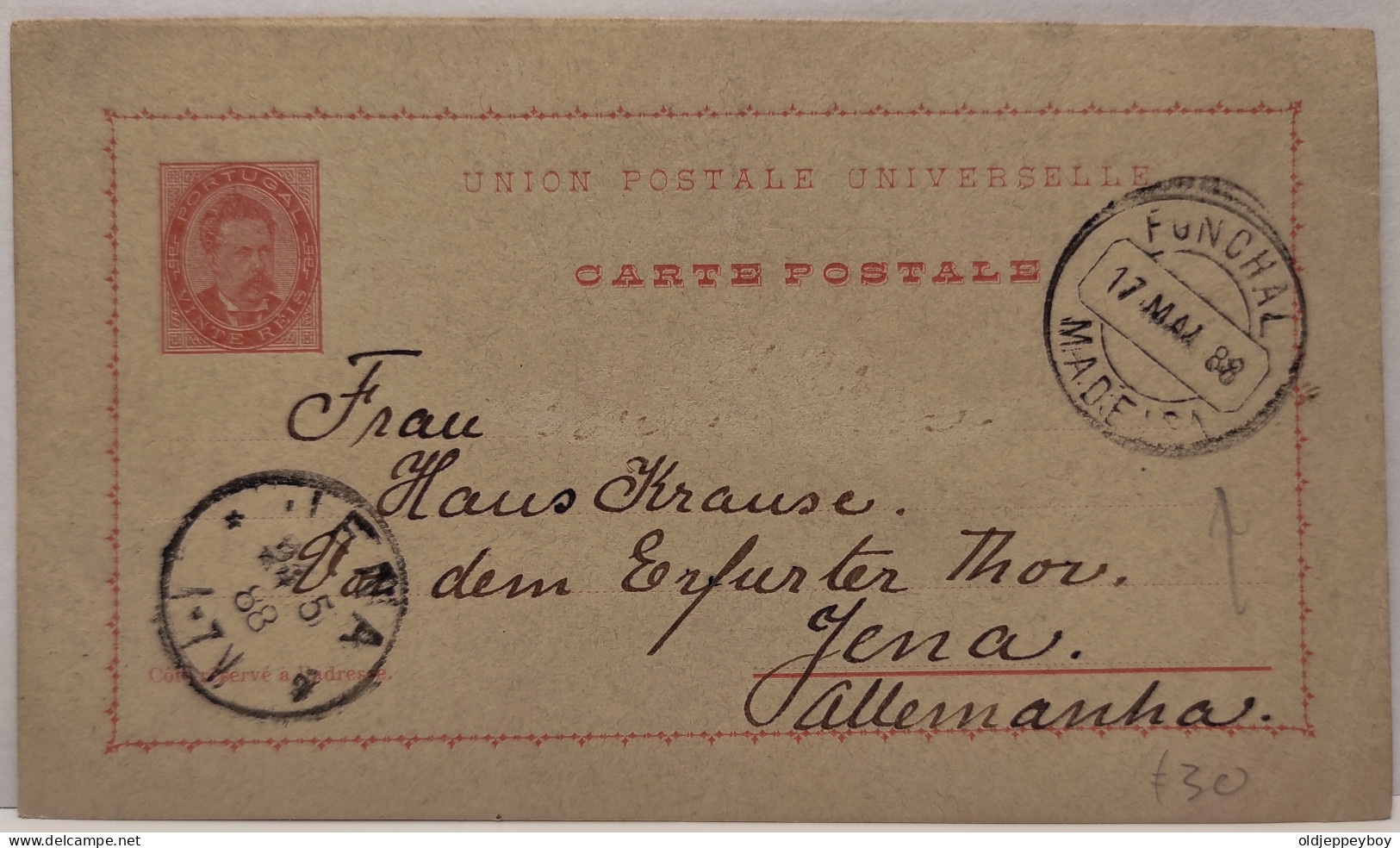 1888 SANTA CLARA HOTEL FUNCHAL MADEIRA TO JENA GERMANY CARTE POSTAL COVER POSTAL STATIONERY - Cartas & Documentos