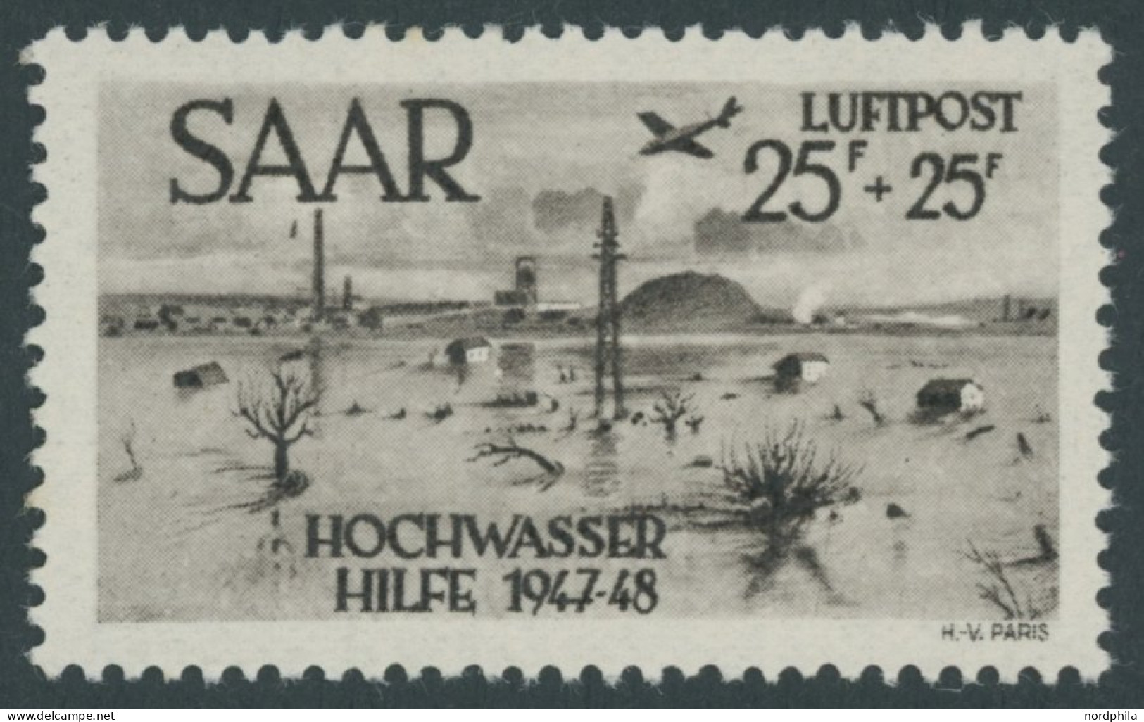 SAARLAND 259I , 1948 25 Fr. Hochwasserhilfe Mit Plattenfehler Bombe Fällt Unter Erstem A Von Saar, Postfrisch, Pracht, M - Other & Unclassified