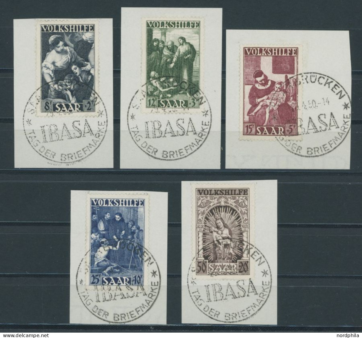 SAARLAND 267-71 BrfStk, 1949, Gemälde I Auf Briefstücken, Sonderstempel IBASA, Prachtsatz, Fotoattest Geigle, Mi. 650.- - Autres & Non Classés