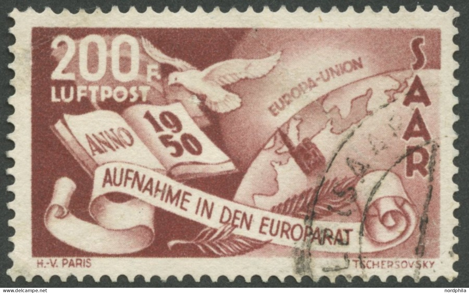 SAARLAND 298I O, 1950, 200 Fr. Flugpost Mit Abart Weißer Punkt Hinter Währungsbezeichnung F, Bugspur, Feinst, Mi. 900.- - Andere & Zonder Classificatie