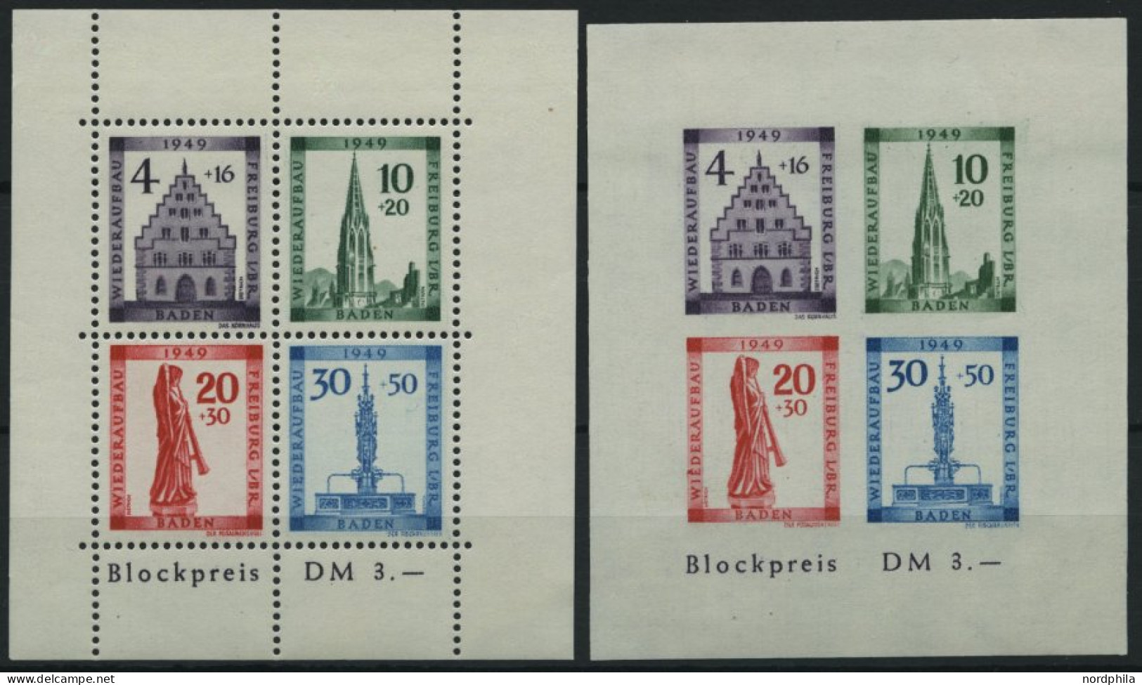 BADEN Bl. 1A/B , 1949, Blockpaar Freiburg, Pracht, Mi. 150.- - Sonstige & Ohne Zuordnung