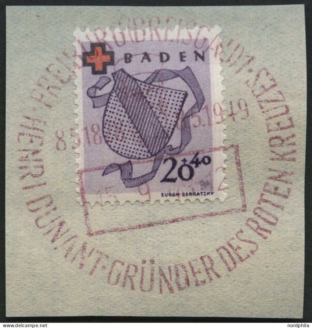 BADEN 43 BrfStk, 1949, 20 Pf. Rotes Kreuz Auf Briefstück Mit Rotem Sonderstempel, Gepr. Schlegel - Otros & Sin Clasificación