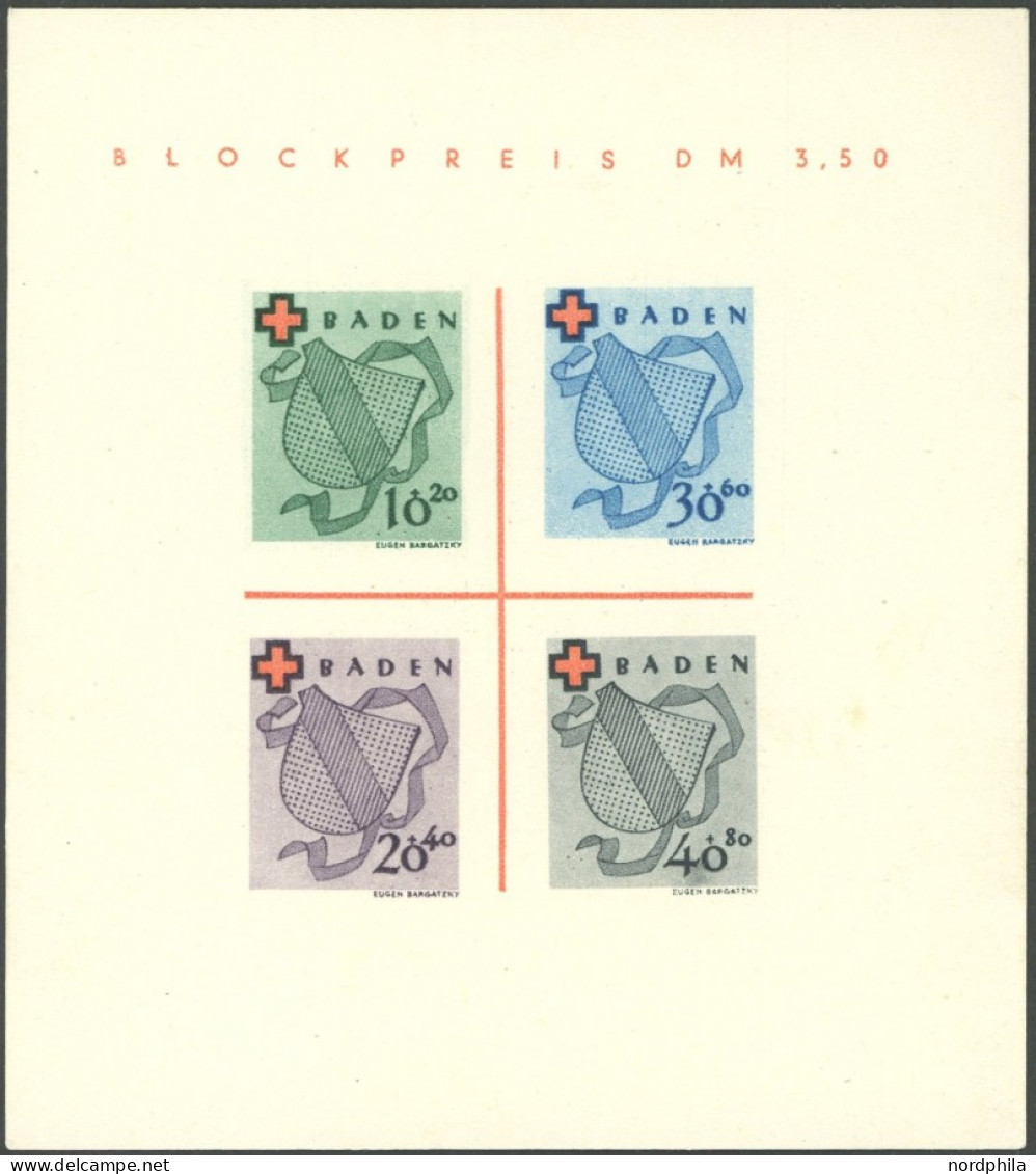 BADEN Bl. 2II/II , 1949, Block Rotes Kreuz, Type II: Farbfleck Unten An Der 40, Pracht, Mi. 140.- - Other & Unclassified
