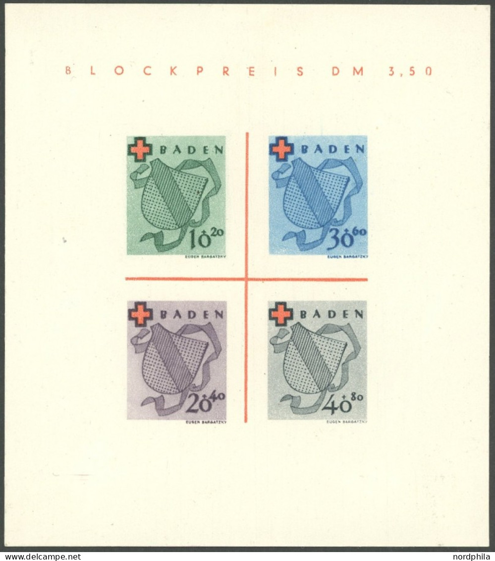 BADEN Bl. 2II/IV , 1949, Block Rotes Kreuz, Type IV: Roter Punkt Oben Links Am E In Blockpreis, Pracht, Mi. 140.- - Autres & Non Classés