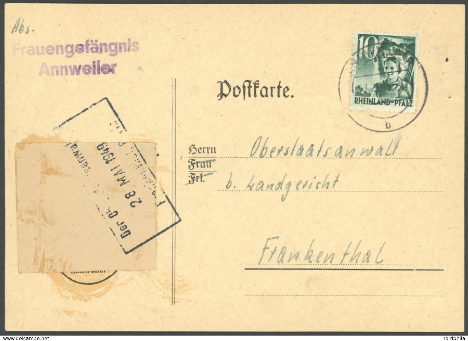 RHEINLAND PFALZ 37 BRIEF, 1949, 10 Pf. Dunkelbläulichgrün Auf Postkarte Mit Absender L2 Frauengefängnis Annweiler An Obe - Andere & Zonder Classificatie