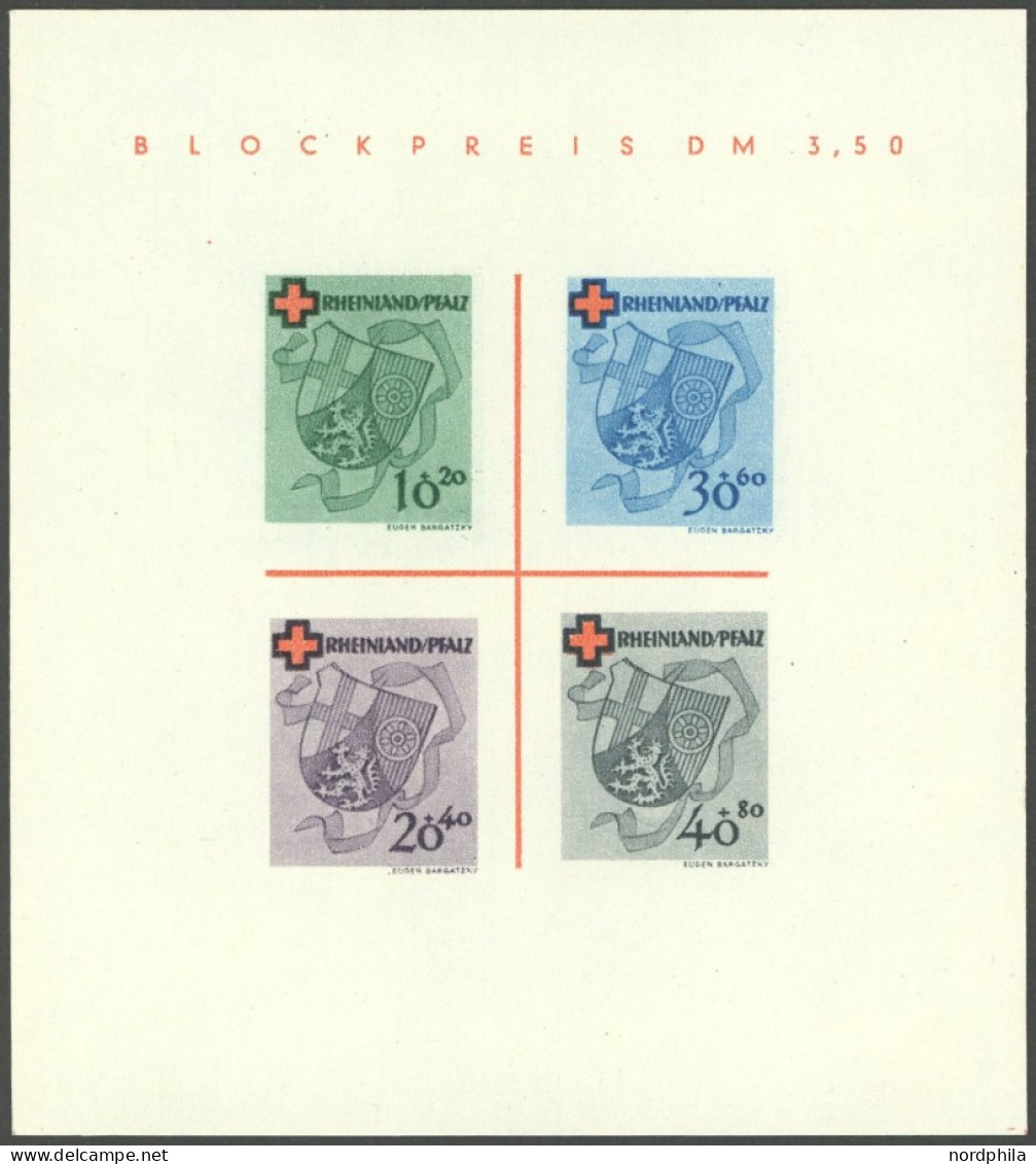 RHEINLAND PFALZ Bl. 1I/I , 1949, Block Rotes Kreuz, Type I: Roter Punkt Unterhalb L In Blockpreis, Pracht, Mi. 120.- - Andere & Zonder Classificatie