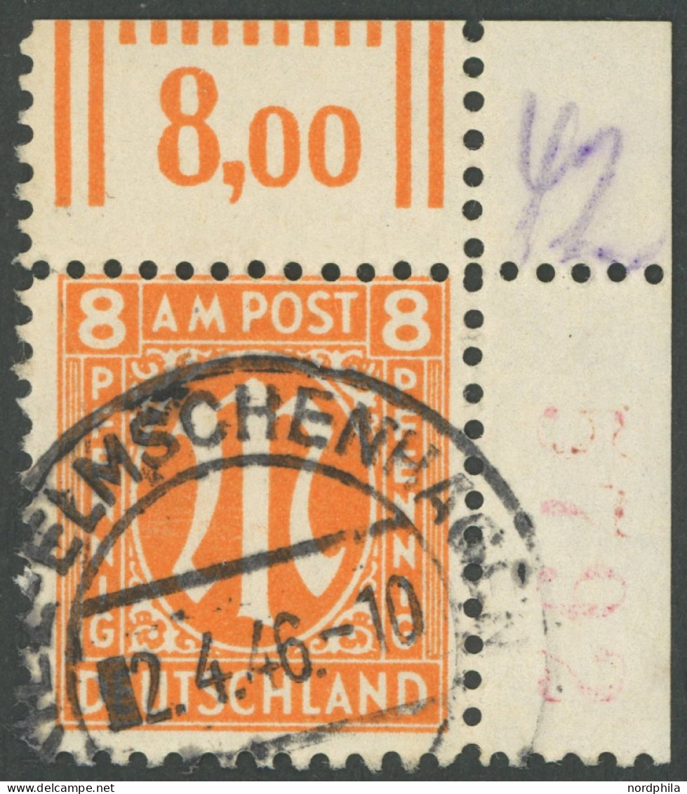 AMERIK. U. BRITISCHE ZONE 21Dz R4 O, 1945, 8 Pf. Rötlichorange, Gezähnt L 111/2, Mit Roter Nummer, 4 Ziffern, Pracht, R! - Autres & Non Classés