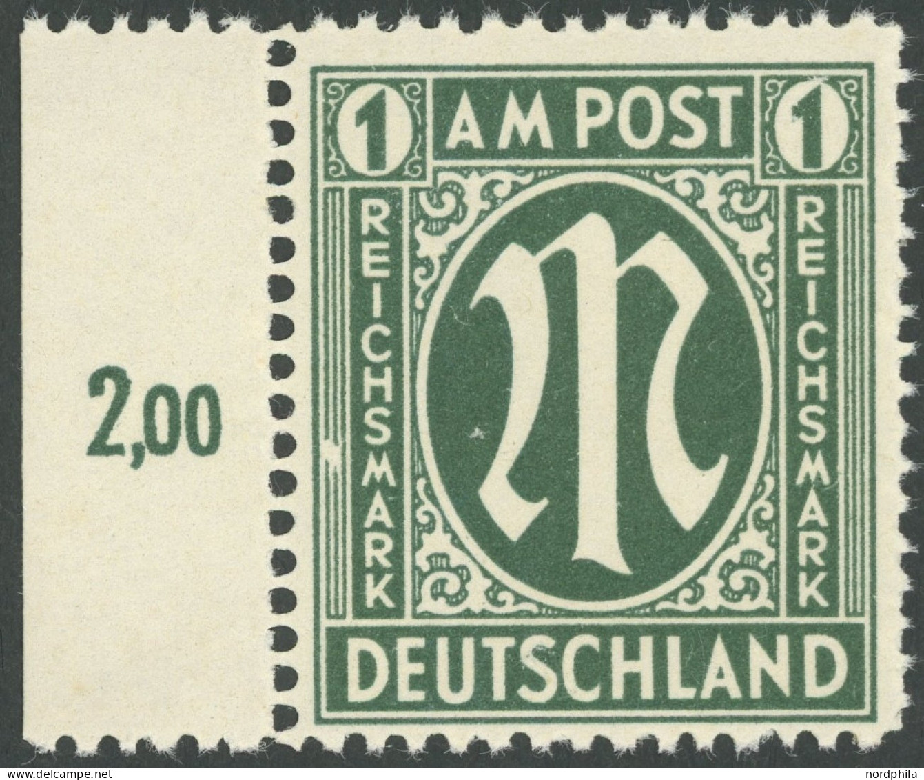 AMERIK. U. BRITISCHE ZONE 35IV , 1946, 1 RM Dunkelgraugrün Mit Abart Linke Zierlinien Neben SM In Reichsmark Durch Weiße - Other & Unclassified