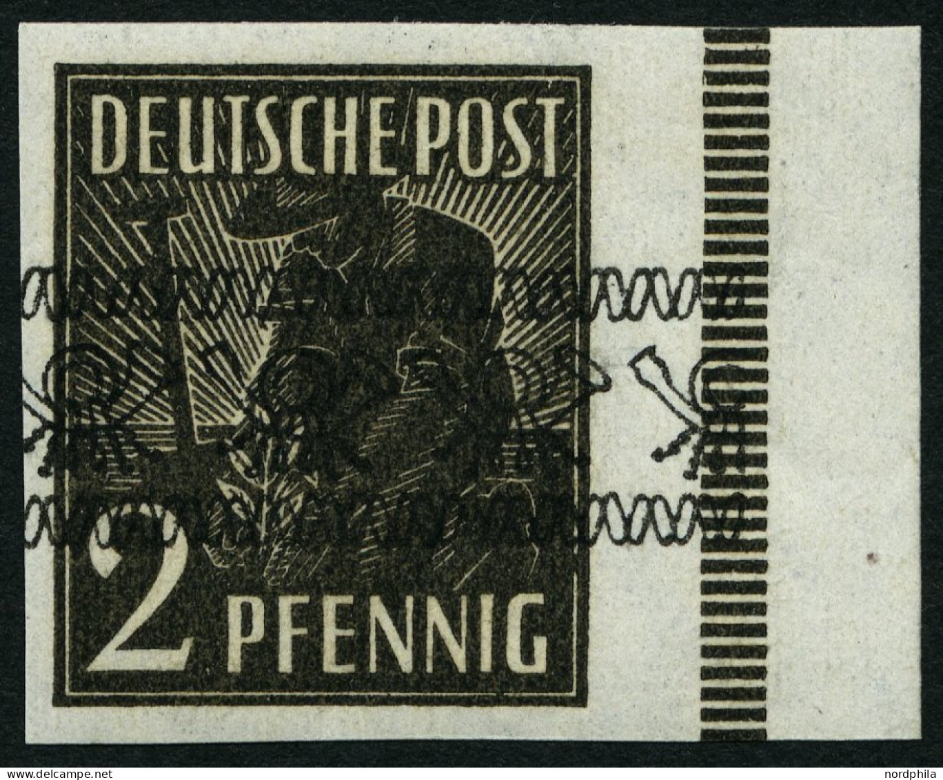 AMERIK. U. BRITISCHE ZONE 36IU , 1948, 2 Pf. Bandaufdruck, Ungezähnt, Randstück, Pracht, Gepr. Schlegel, Mi. 200.- - Other & Unclassified