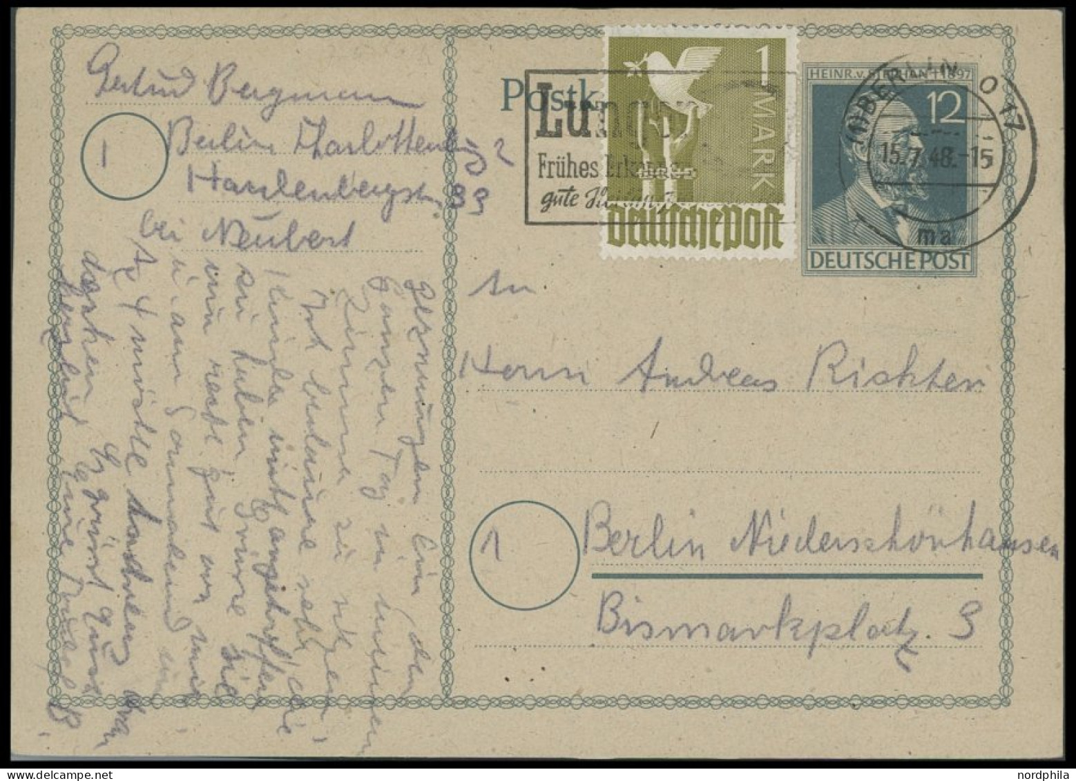 ALLIIERTE BES. 959,P 965ZP BRIEF, 15.7.1948, 1 M. Schwarzgraugelb Auf 12 Pf. Stephan Ganzsachenkarte, Stempel BERLIN O 1 - Otros & Sin Clasificación