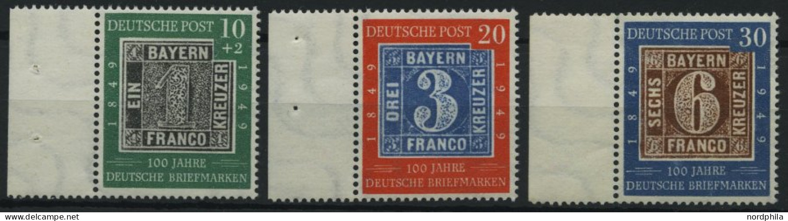 BUNDESREPUBLIK 113-15 , 1949, 100 Jahre Briefmarken Vom Linken Rand, Prachtsatz - Ongebruikt