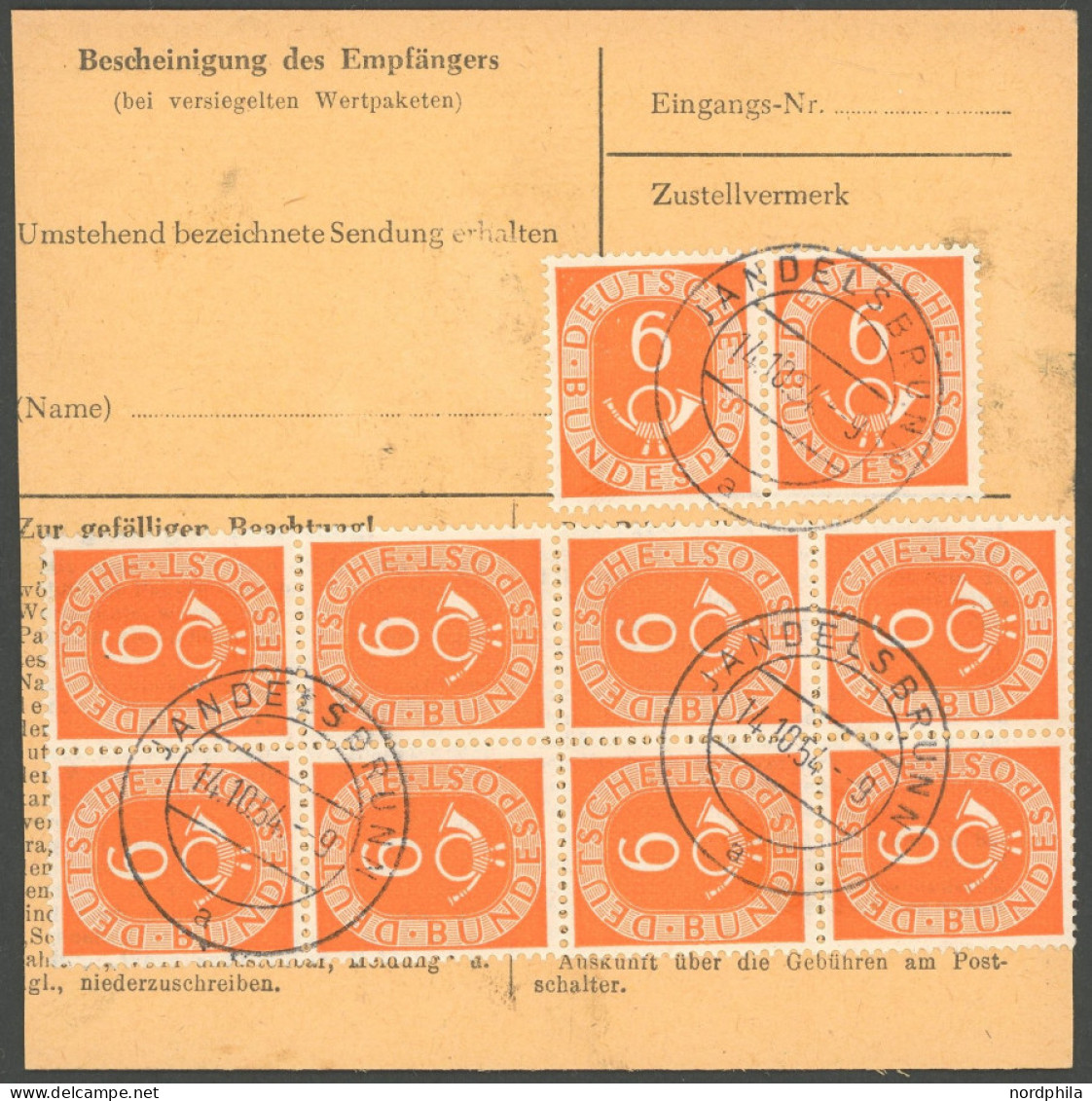 BUNDESREPUBLIK 126 BRIEF, 1954, 6 Pf. Posthorn Im Achterblock Und Waagerechten Paar Rückseitig Mit 10 Pf. Heuss Zusatzfr - Otros & Sin Clasificación