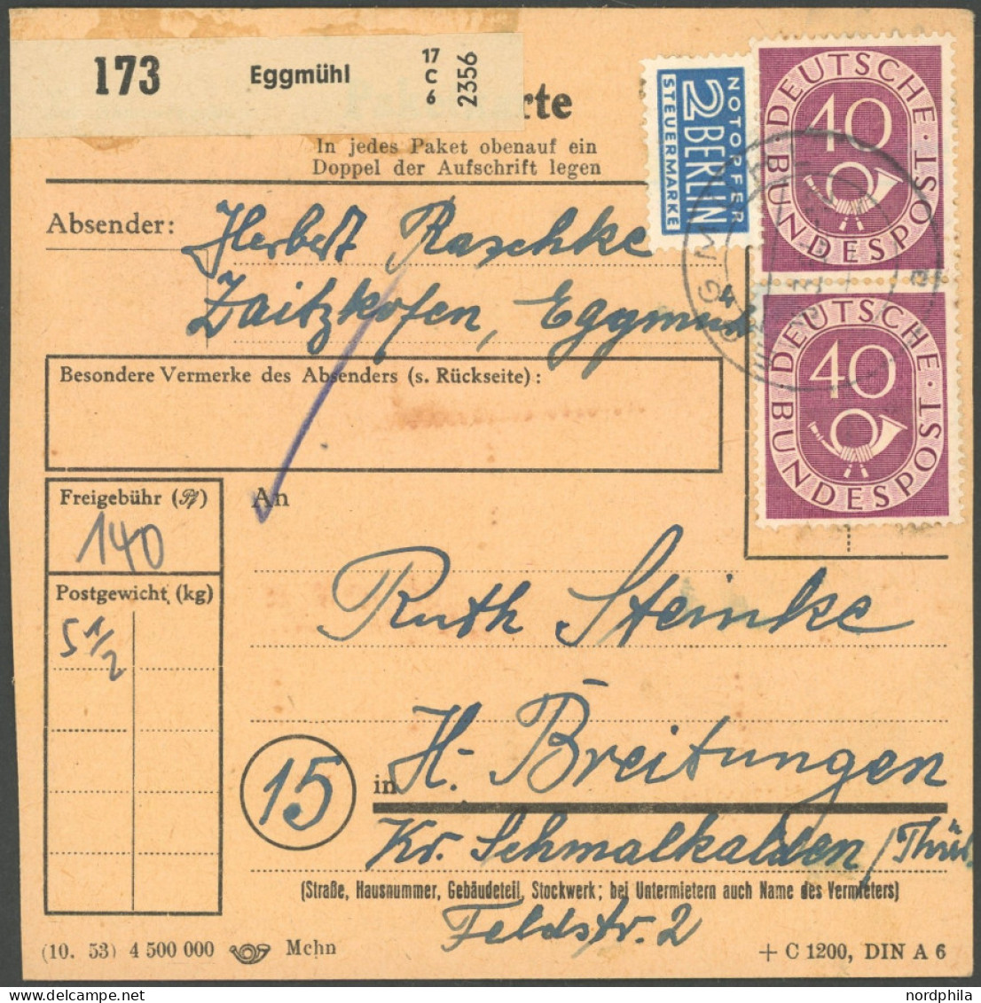 BUNDESREPUBLIK 126 BRIEF, 1954, 6 Pf. Posthorn Im Achterblock Rückseitig Auf Paketkarte Mit Zusatzfrankatur Aus EGGMÜHL, - Autres & Non Classés
