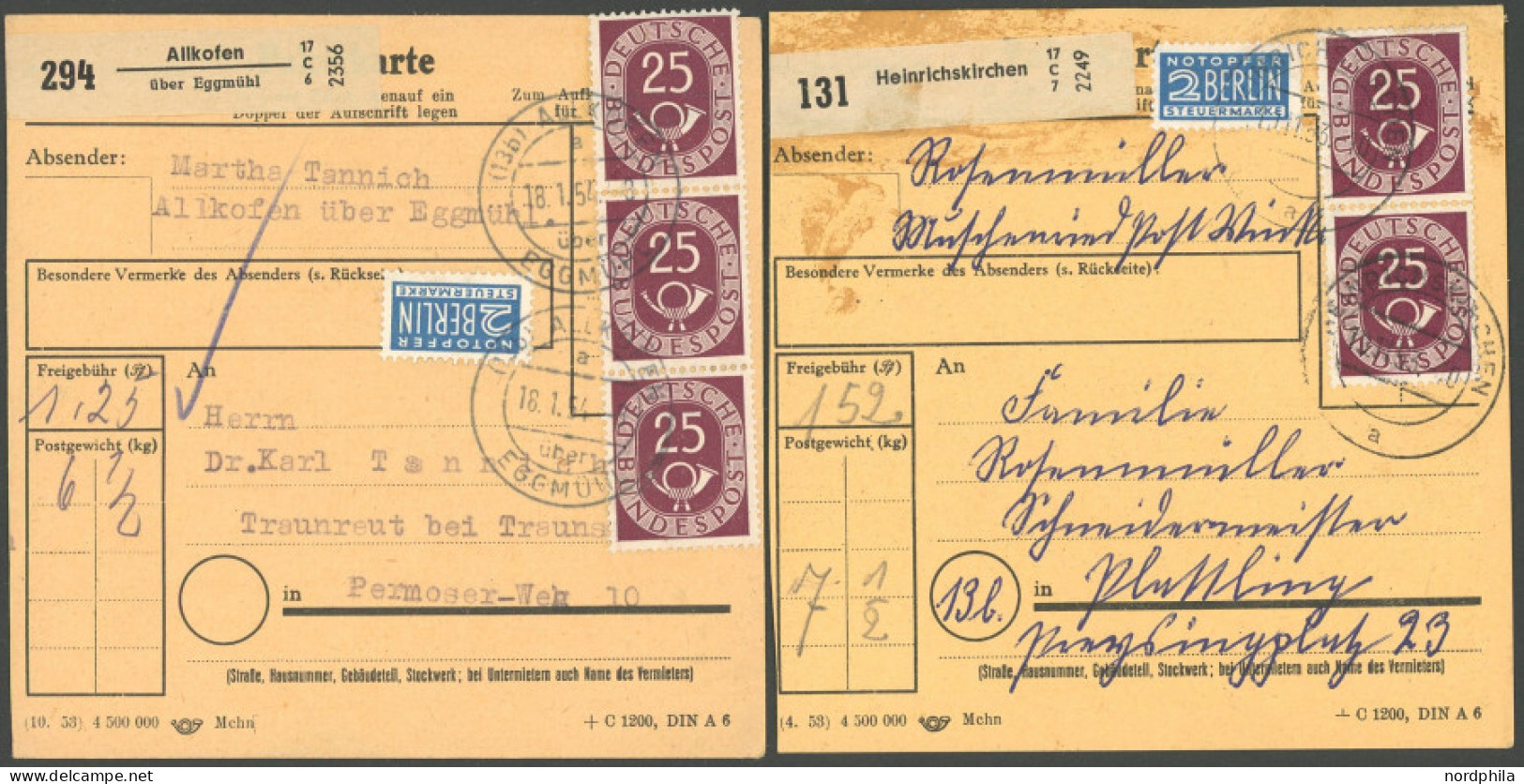 BUNDESREPUBLIK 131 BRIEF, 1954, 25 Pf. Posthorn, 2 Paketkarten Mit Verschiedenen Mehrfachfrankaturen (5 Bzw. 6 Marken),  - Autres & Non Classés