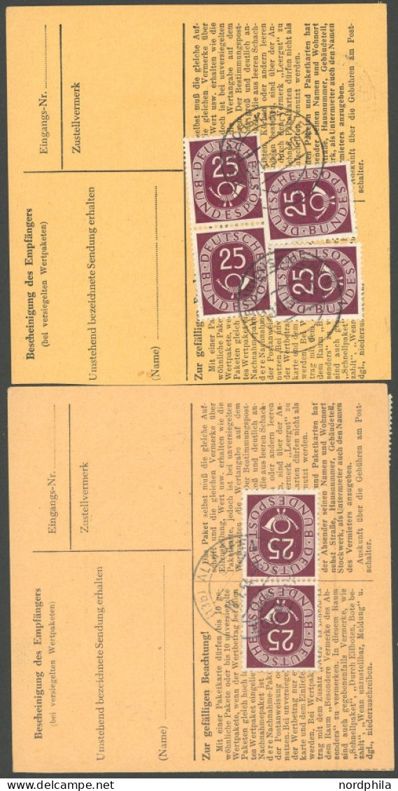 BUNDESREPUBLIK 131 BRIEF, 1954, 25 Pf. Posthorn, 2 Paketkarten Mit Verschiedenen Mehrfachfrankaturen (5 Bzw. 6 Marken),  - Other & Unclassified