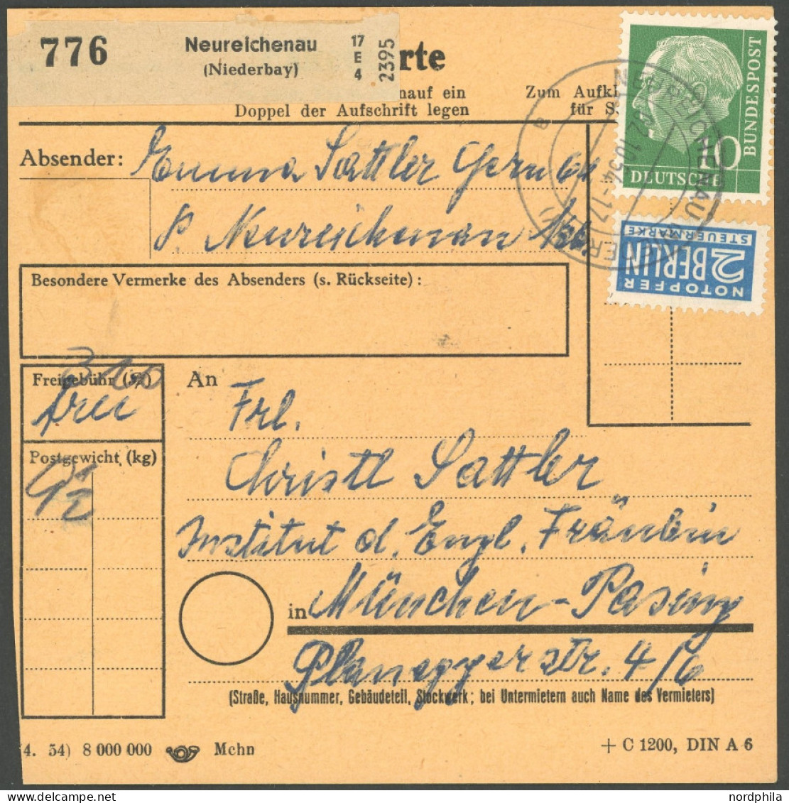 BUNDESREPUBLIK 134 BRIEF, 1954, 50 Pf. Posthorn Im Senkrechten Sechserblock Rückseitig Auf Paketkarte Mit 10 Pf. Zusatzf - Otros & Sin Clasificación