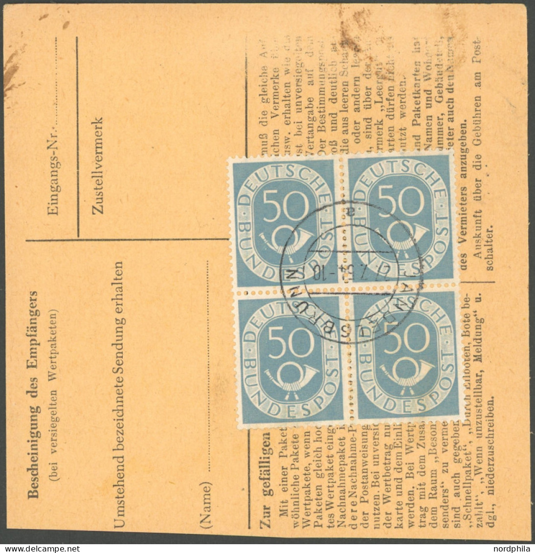 BUNDESREPUBLIK 134 VB BRIEF, 1954, 50 Pf. Posthorn Im Zentrisch Gestempelten Viererblock Rückseitig Auf Paketkarte Mit 6 - Otros & Sin Clasificación