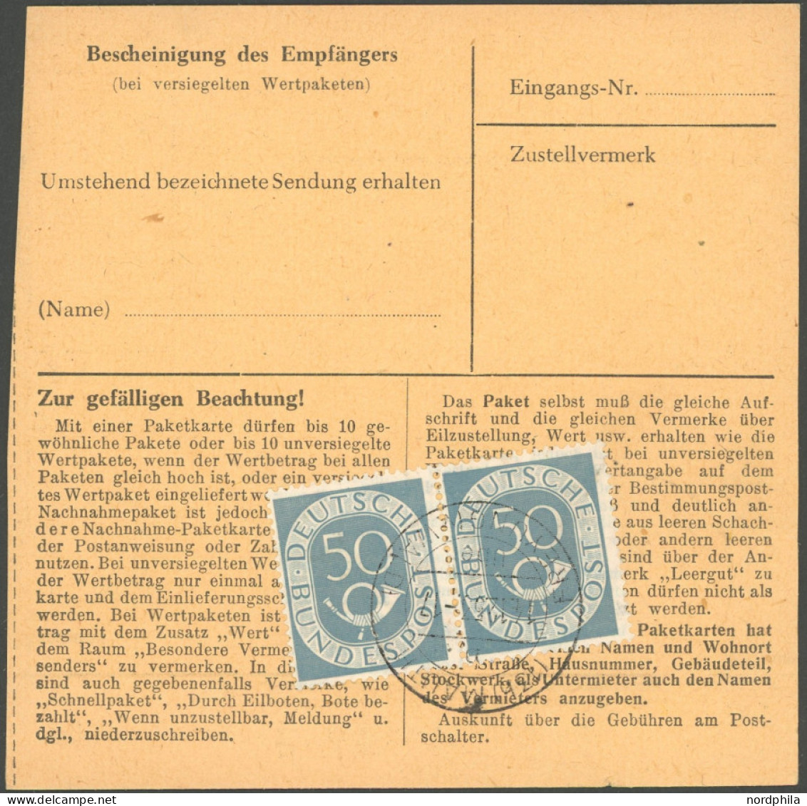 BUNDESREPUBLIK 134 Paar BRIEF, 1953, 50 Pf. Posthorn Im Waagerechten Paar Rückseitig Auf Paketkarte Mit Zusatzfrankatur  - Other & Unclassified