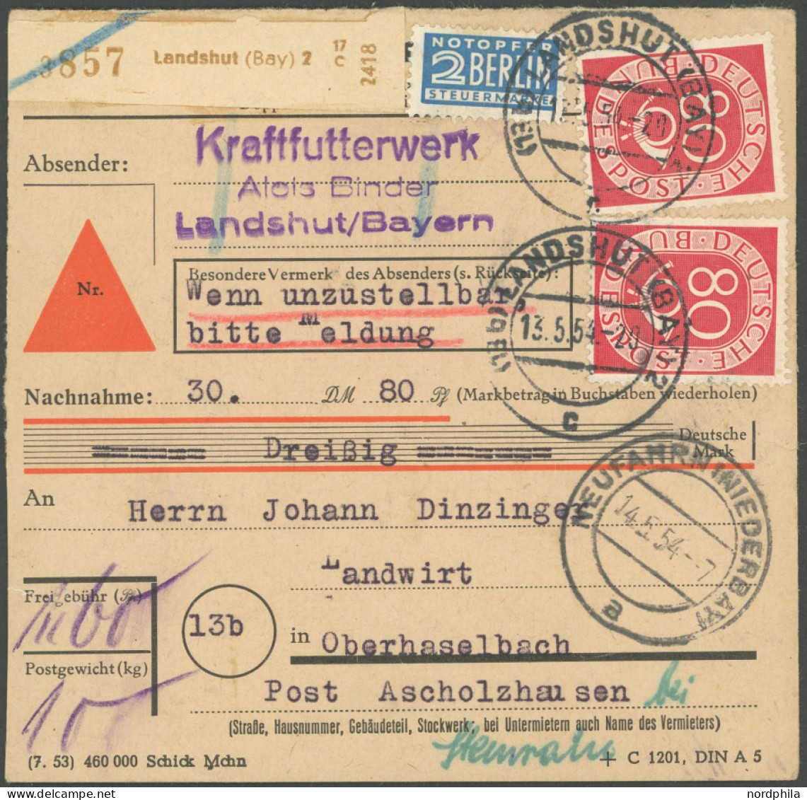 BUNDESREPUBLIK 137 BRIEF, 1954, 80 Pf. Posthorn, 2x Als Mehrfachfrankatur Auf Nachnahme-Paketkarte Aus LANDSHUT, Normale - Sonstige & Ohne Zuordnung