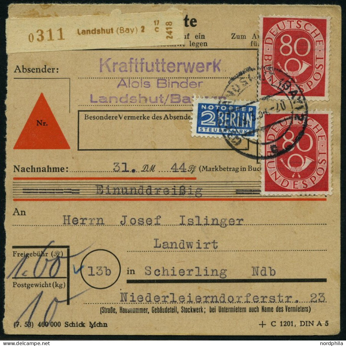 BUNDESREPUBLIK 137 BRIEF, 1954, 80 Pf. Posthorn, 2x Als Mehrfachfrankatur Auf Nachnahmekarte Aus LANDSHUT, Normale Zähnu - Briefe U. Dokumente
