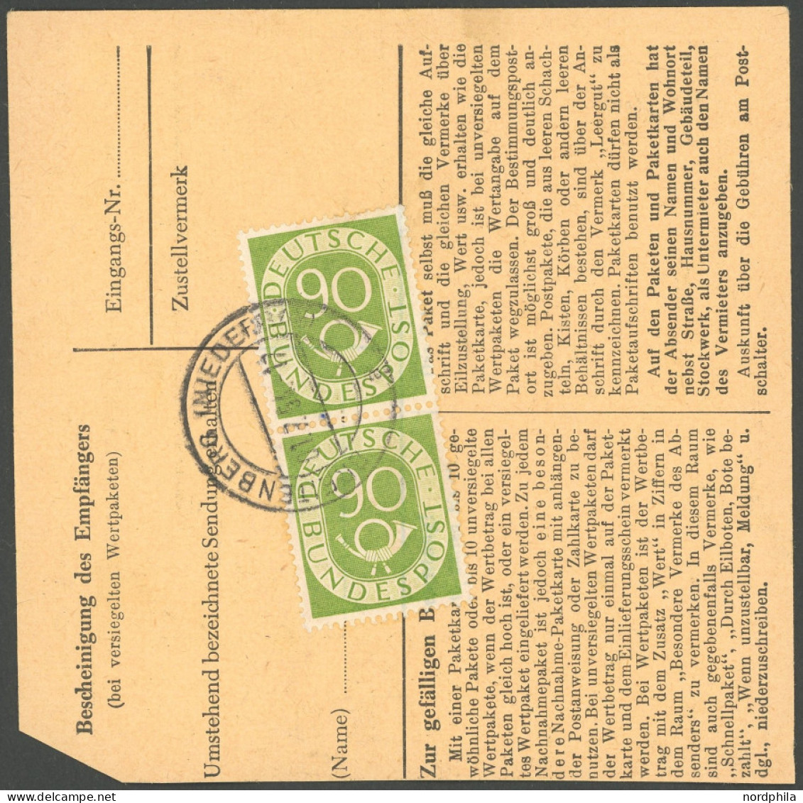 BUNDESREPUBLIK 138 BRIEF, 1954, 90 Pf. Posthorn Im Senkrechten Paar Rückseitig Als Mehrfachfrankatur Auf Schnell-Paketka - Other & Unclassified