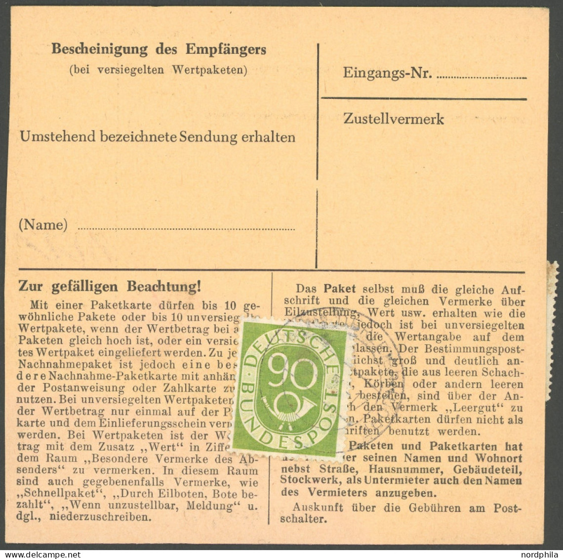 BUNDESREPUBLIK 138 BRIEF, 1954, 90 Pf. Posthorn, 2x Als Mehrfachfrankatur Auf Schnell-Paketkarte Aus NIEDERLEIERNDORF, F - Sonstige & Ohne Zuordnung