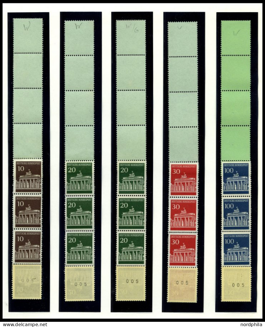 ROLLENMARKEN Aus 506-10R , 1966/7, Partie Brandenburger Tor Mit Einzelmarken, 5er-Streifen Und RE 5 + 4 Lf Auf Verschied - Rollo De Sellos