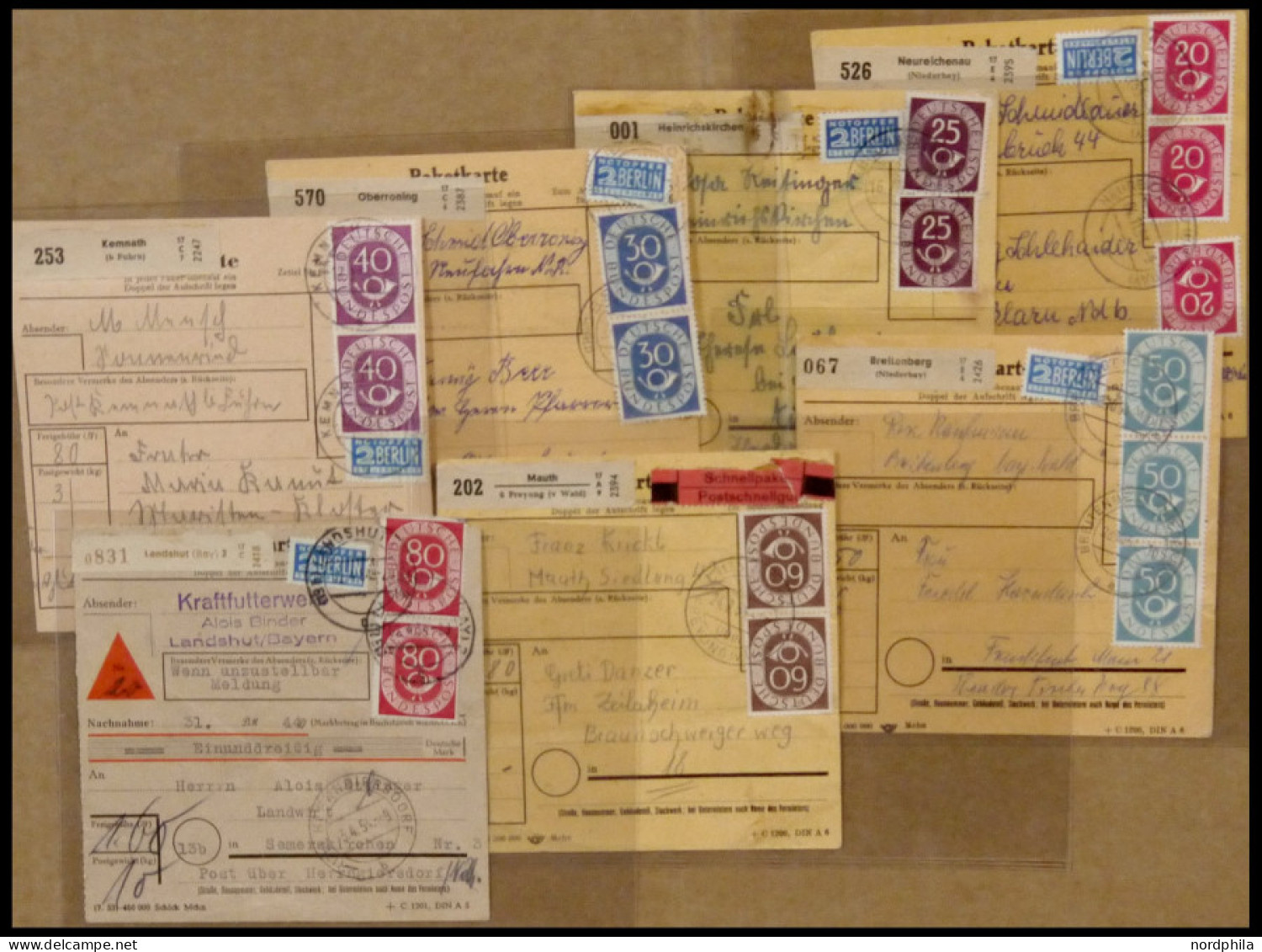 LOTS 1954, 7 Paketkarten Posthorn Mit Verschiedenen Mehrfachfrankaturen (20-60 Und 80 Pf.), Erhaltung Unterschiedlich, M - Otros & Sin Clasificación