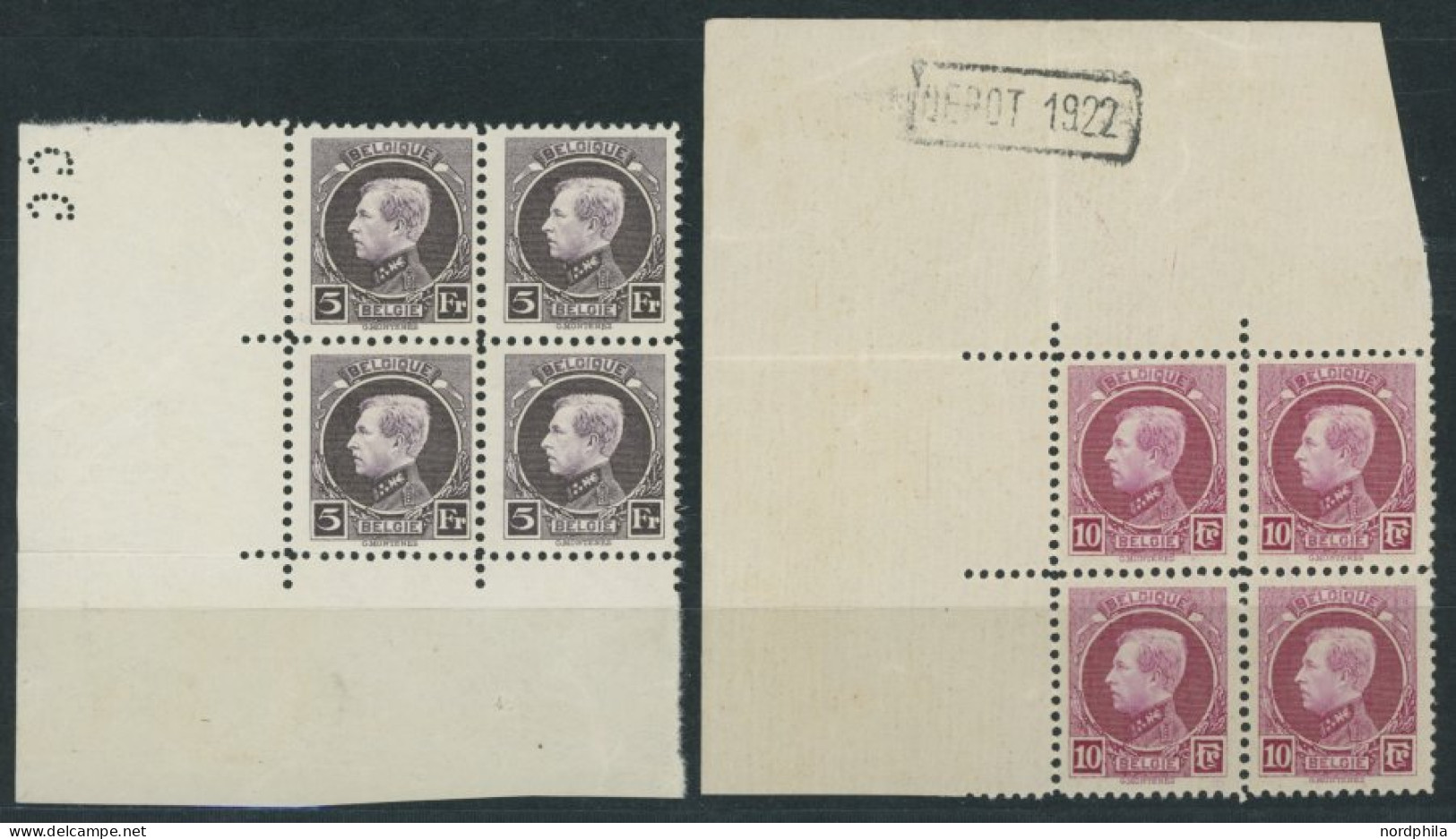 BELGIEN 183/4 VB , 1922/3, 5 Und 10 Fr. König Albert I In Eckrandviererblocks, Postfrisch, Pracht, Mi. 220.- - Unused Stamps