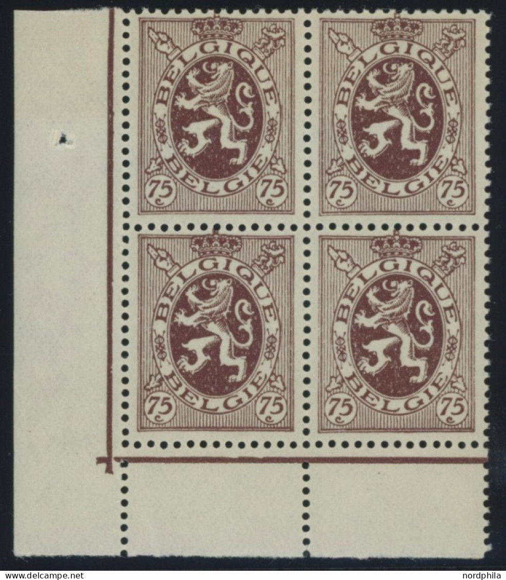 BELGIEN 324 VB , 1932, 75 C. Rotbraun Im Unteren Linken Eckrandviererblock, Postfrisch, Pracht, Mi. 160.- - Other & Unclassified