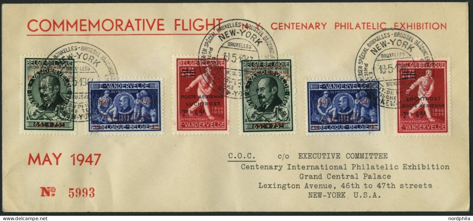 BELGIEN 781-89I,II BRIEF, 18.5.1947, COMMEMORATIVE FLIGHT, Brüssel-New York, 3 Verschiedene Flugpostbelege, Pracht, Müll - Other & Unclassified
